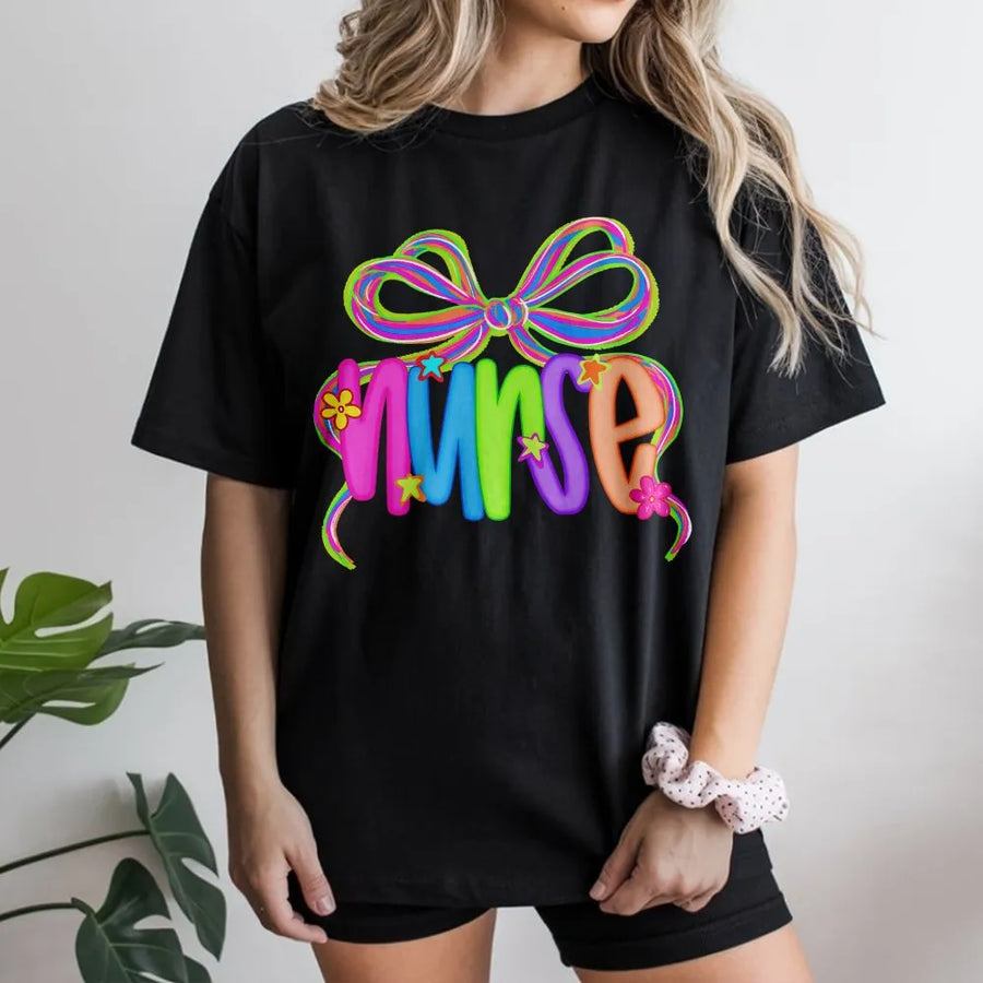Coquette Nurse T-Shirt | Neon Bow Graphic Nursing Life Tee | Premium Soft Cotton | Gift for RN, CNA, NICU Nurses
