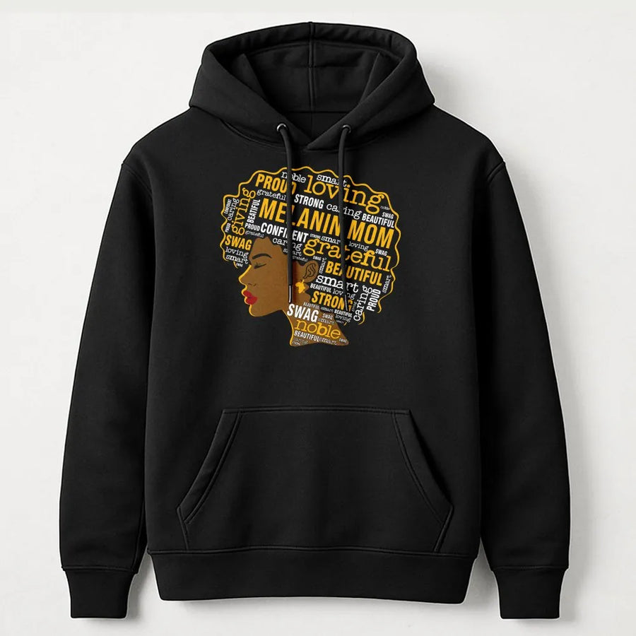 Melanin Mom Hoodie | Afro Woman Word Cloud Art | Premium Cotton Blend | Gift for Black Mothers and Empowered Women