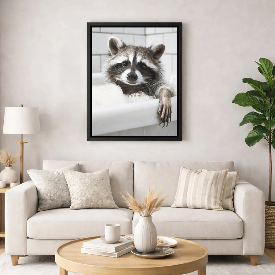 Raccoon Bubble Bath Wall Art | Funny Animal Bathroom Canvas Print | Premium Gallery-Wrapped Decor | Whimsical Gift For Animal Lovers