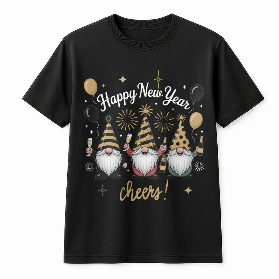 Happy New Year Gnomes T-Shirt | Festive Champagne Toast Graphic | 100% Cotton Premium Tee | Holiday Party Gift for Men and Women