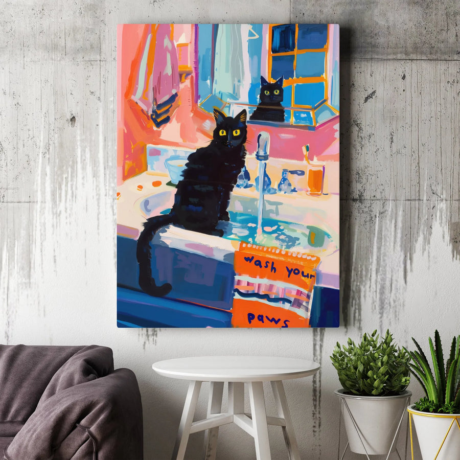 Black Cat Canvas Wall Art | Vibrant Painting with Funny 'Wash Your Paws' Sign | Premium Gallery Wrap Canvas | Modern Home Decor Gift for Cat Lover