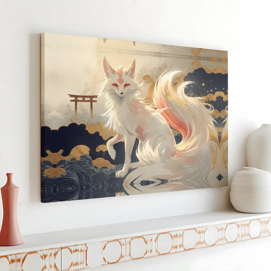 Japanese Kitsune Canvas Wall Art | Mythical Nine-Tailed Fox with Torii Gate | Premium Gallery Wrap Print | Zen Home Decor Gift for Fantasy Lovers