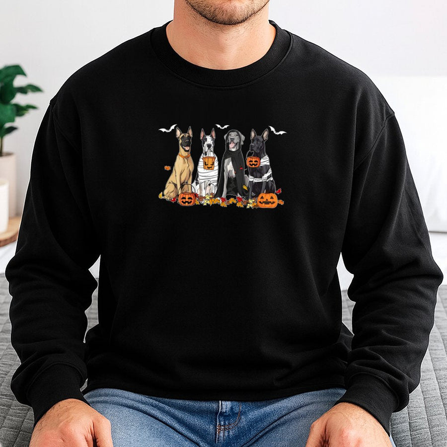Great Dane Halloween Sweatshirt | Spooky Dogs Pumpkin Patch Graphic | Premium Cotton Blend Crewneck | Cute Dog Lover Fall Gift