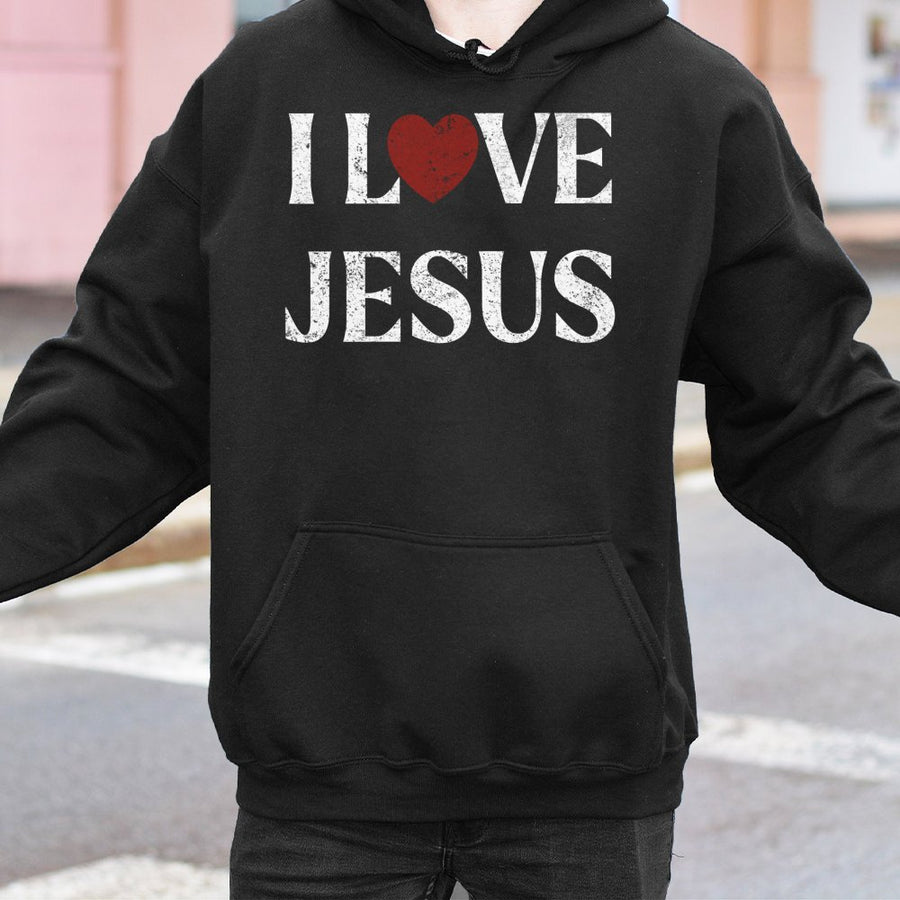 I Love Jesus Hoodie | Distressed Red Heart Religious Graphic | Cotton-Poly Blend Premium Sweatshirt | Faithful Christian Faith Gift For Men And Women