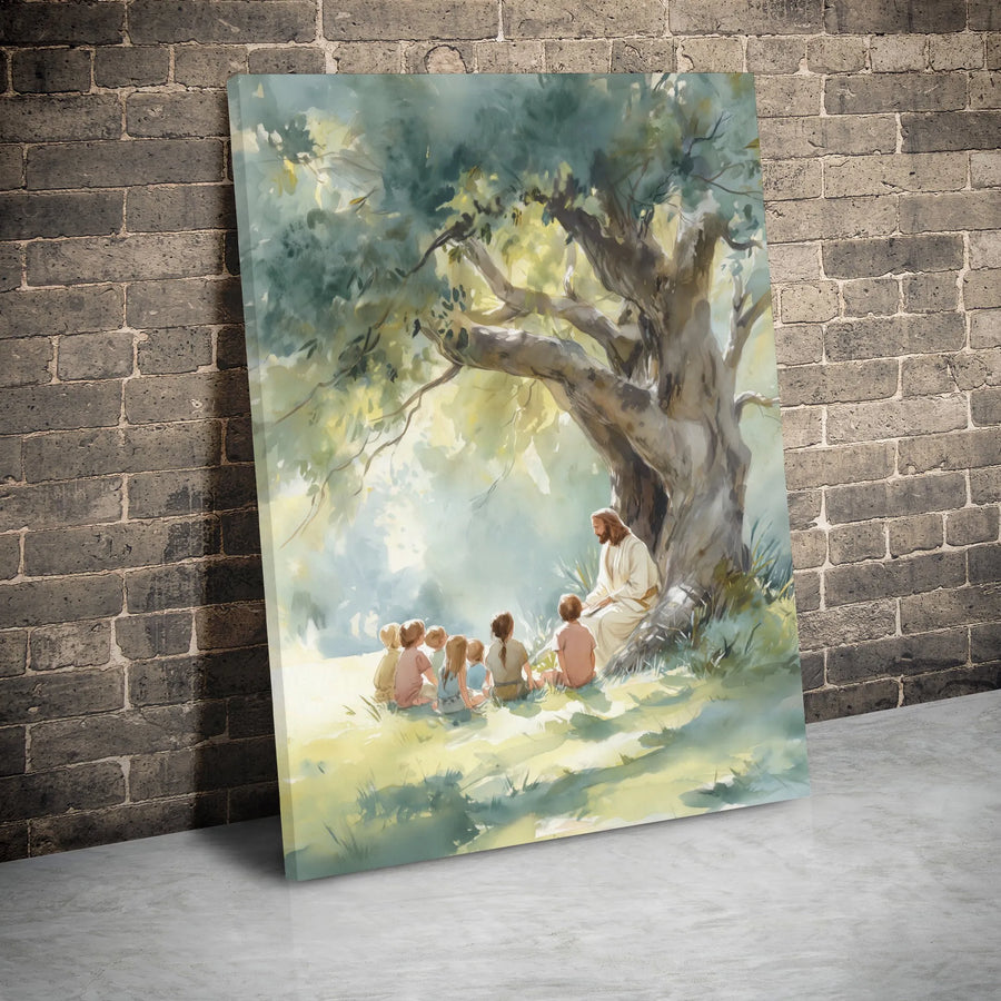 Jesus Teaching Children Canvas Wall Art | Watercolor Religious Scene | Premium Gallery Wrap | Inspirational Christian Home Decor Gift