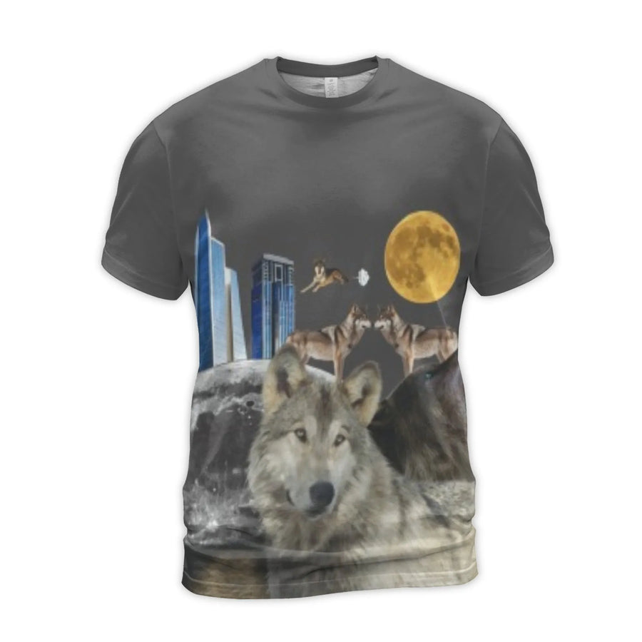 Wolf Pack T-Shirt | Moonlit City Skyline 3D Graphic Print | Premium Stretch Polyester | Nature Lover Gift for Men and Women