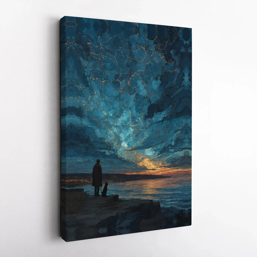 Man and Dog Seascape Canvas Art | Abstract Gold Vein Night Sky Print | Premium 1.25" Gallery Wrap | Moody Wall Decor for Living Room Office