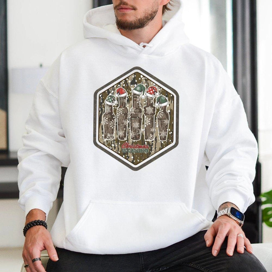 Christmas Duck Call Hoodie | Camo Hunting Christmas Graphic | Cotton Blend Premium Apparel | Holiday Gift for Outdoorsmen and Hunters
