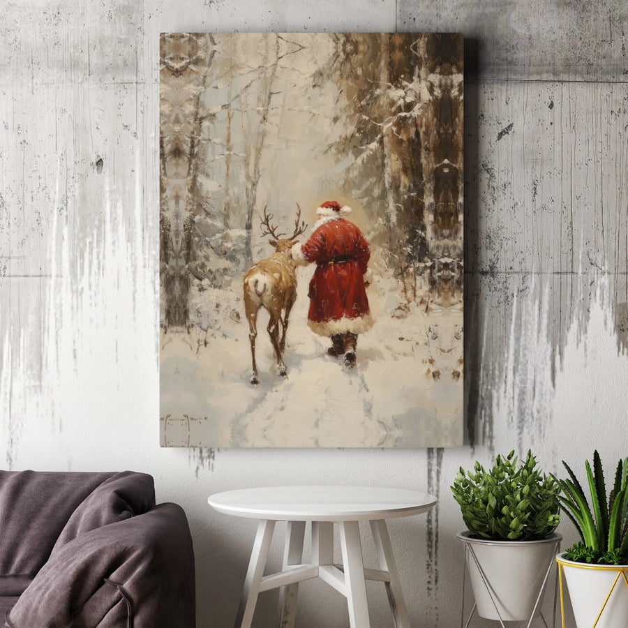 Vintage Santa Claus Wall Art | Snowy Forest Reindeer Print | Premium Gallery Wrapped Canvas | Christmas Home Decor Gift