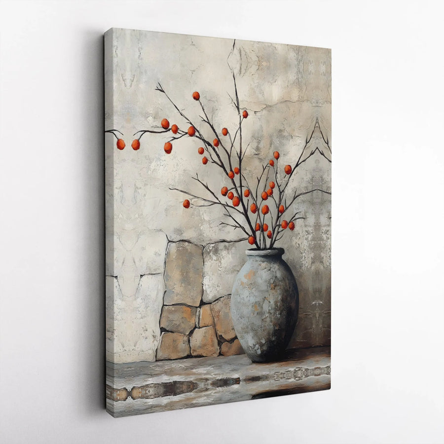 Rustic Still Life Canvas Wall Art | Vase With Red Berries | Premium Gallery Wrapped Print | Farmhouse Home Decor for Living Room Office