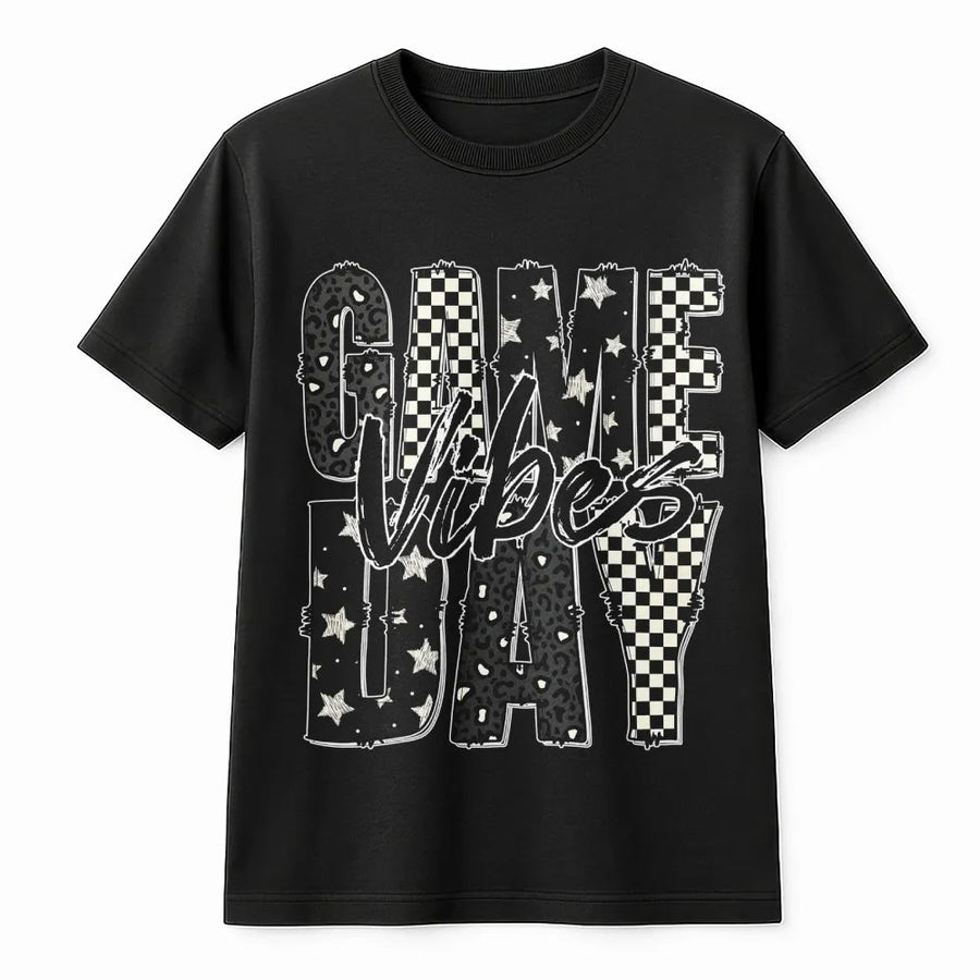 Game Day Vibes T-Shirt | Checkered Sports Graphic Tee | 100% Cotton Premium Quality | Football Season Fan Gift for Women and Men