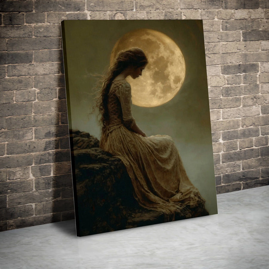 Full Moon Wall Art | Ethereal Woman Portrait Canvas | Premium Gallery Wrap Print | Gothic Romantic Home Decor Gift