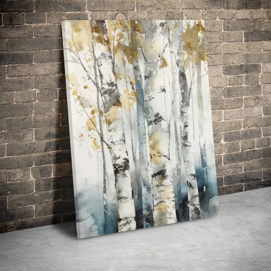 Abstract Birch Tree Canvas Wall Art | Watercolor Forest Landscape with Gold Accents | Premium Gallery Wrapped Decor | Modern Home Office Gift