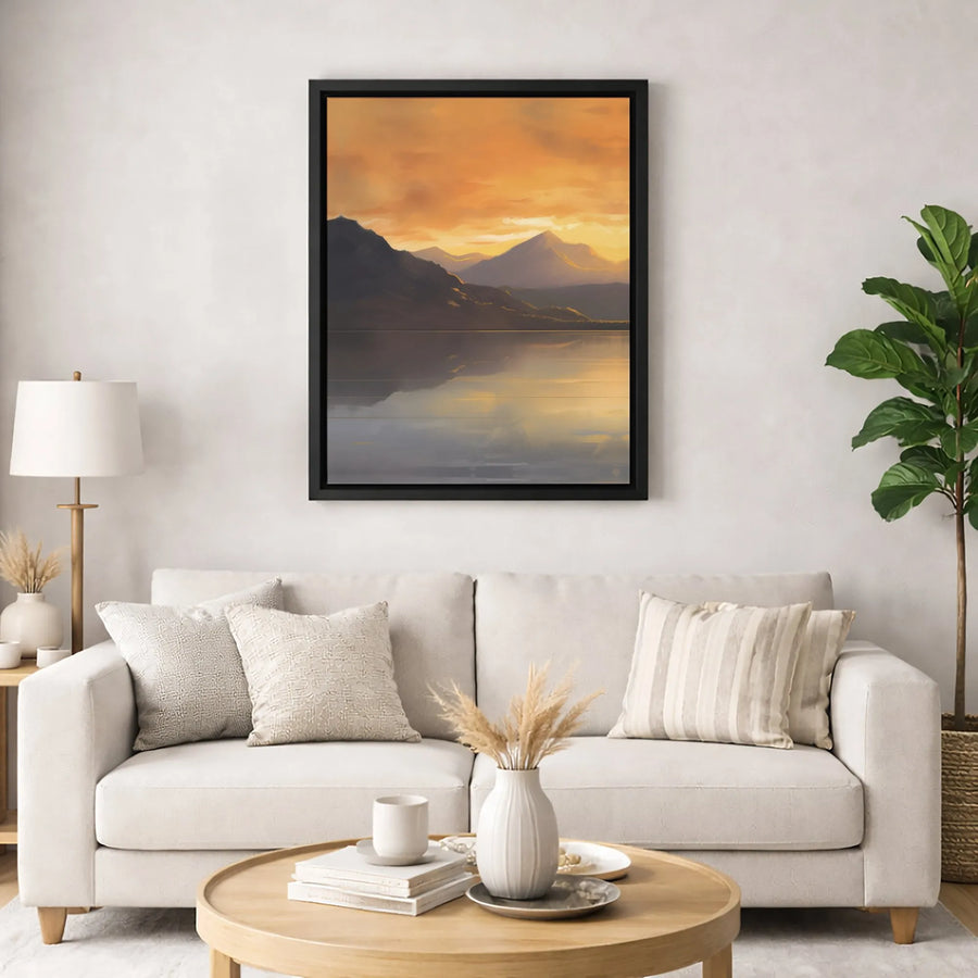 Mountain Sunset Canvas Art | Golden Hour Lake Reflection Wall Decor | Premium 1.25-inch Thick Gallery Wrap | Modern Landscape Painting for Living Room