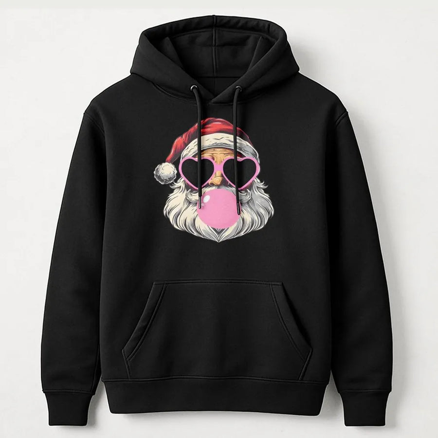 Cool Santa Hoodie | Retro Bubble Gum Santa with Heart Sunglasses | Premium Cotton Blend Unisex Sweatshirt | Funny Christmas Gift for Adults