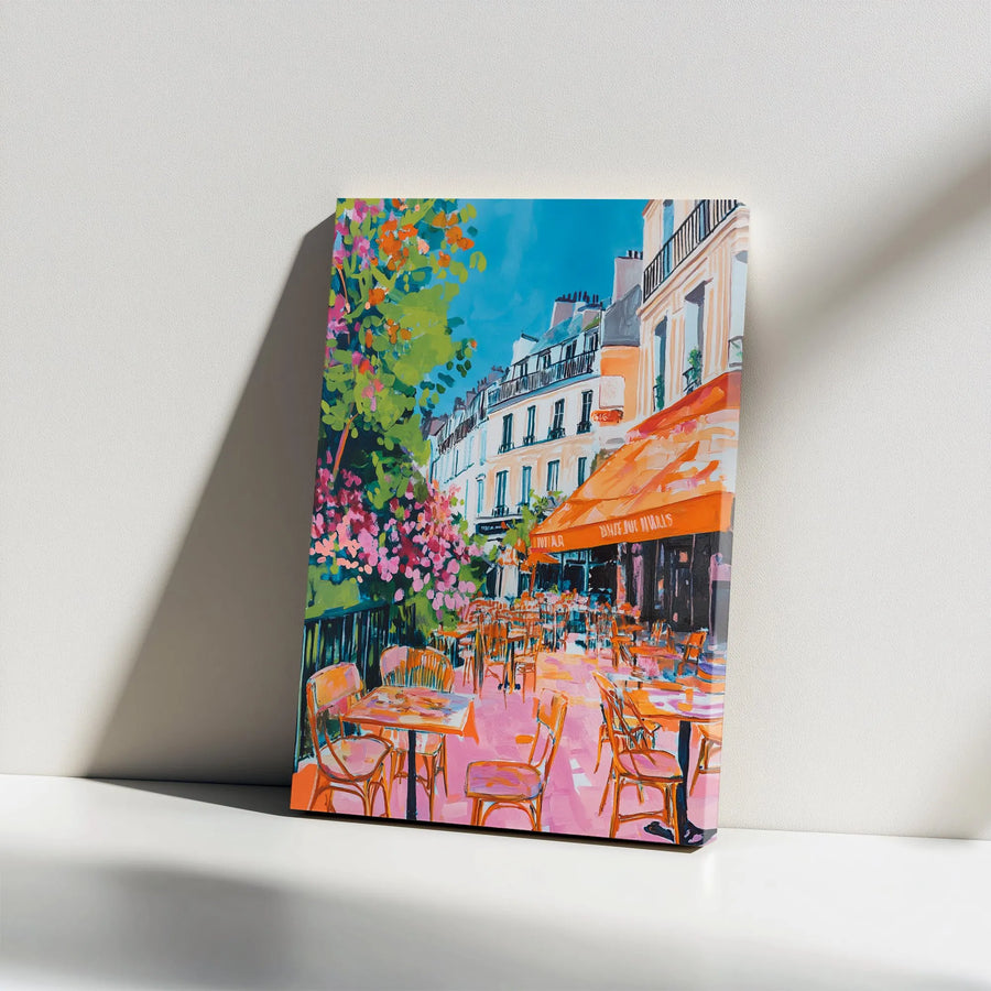 Parisian Cafe Canvas Art | Colorful Street Scene with Flowers | Premium Gallery Wrap Wall Decor | Romantic French Travel Gift for Home