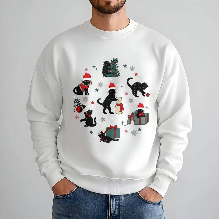 Christmas Black Cat Sweatshirt | Festive Holiday Kittens with Santa Hats | Premium Cotton Blend | Cozy Gift for Cat Lovers