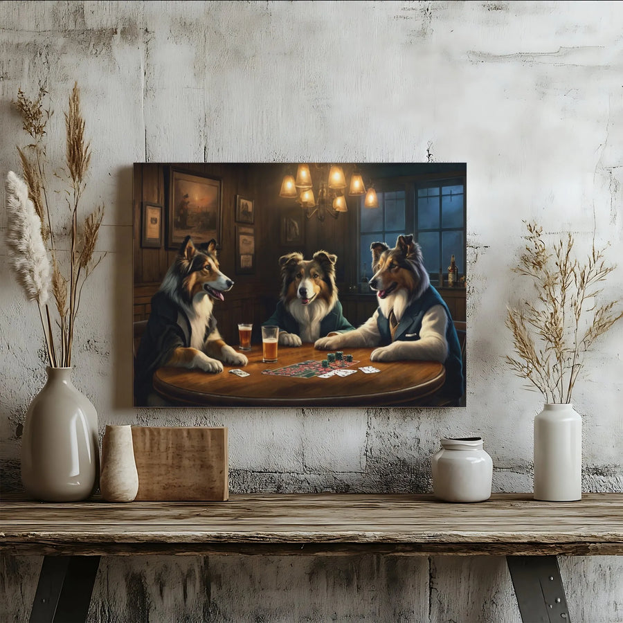 Rough Collie Dogs Playing Poker Canvas | Funny Dog Art in Suits | Premium 1.25 Inch Gallery Wrap | Unique Gift for Dog Lovers & Bar Decor