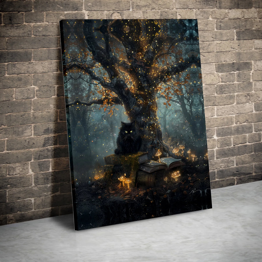 Magical Black Cat Wall Art | Enchanted Forest Book Nook Canvas | Premium Fade-Resistant Print | Whimsical Home Decor Gift