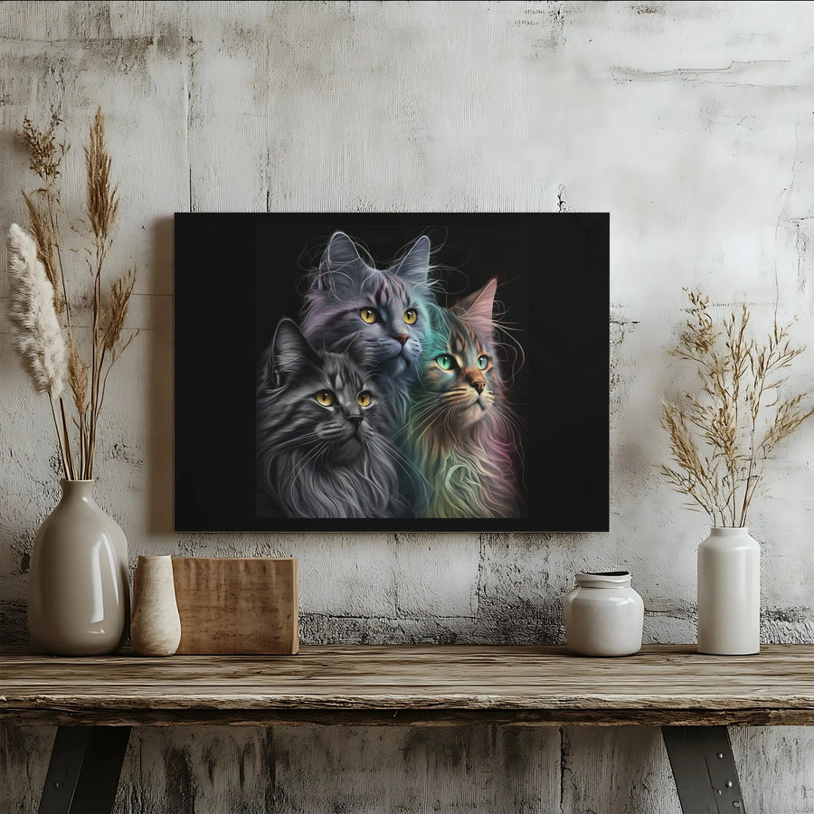 Three Cats Canvas Wall Art | Colorful Long Haired Feline Portrait | Premium Fade-Resistant Print | Elegant Home & Office Decor Gift