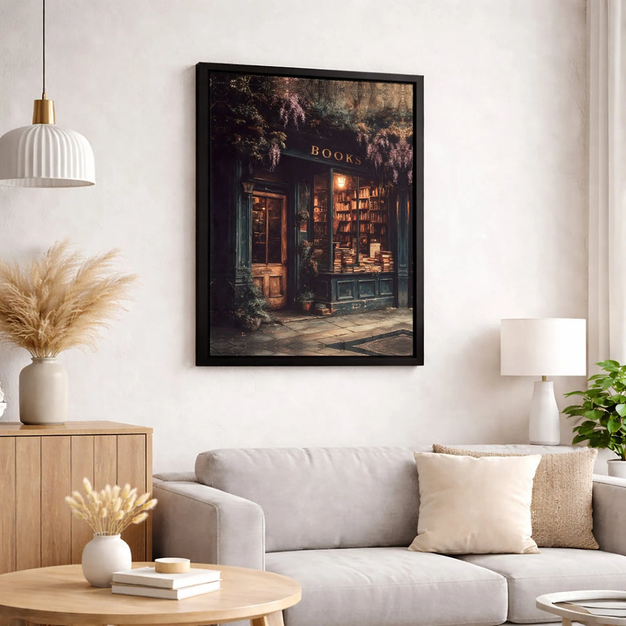 Cozy Bookstore Wall Art | Moody Library Aesthetic With Wisteria | Premium Gallery-Wrapped Canvas | Gift For Readers And Book Lovers