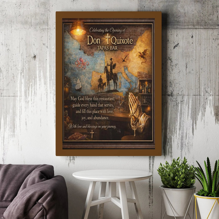 Restaurant Blessing Canvas Wall Art | Don Quixote Vintage Map & Christian Prayer | Premium Stretched Canvas | Grand Opening Gift for New Business