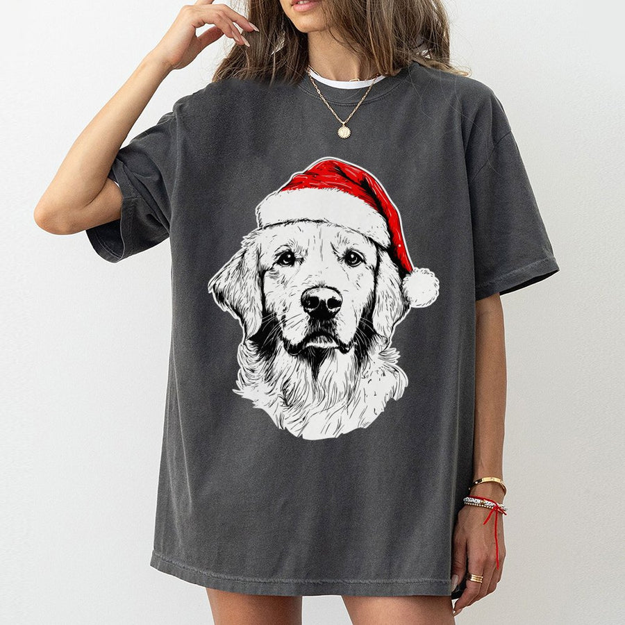 Golden Retriever Christmas T-Shirt | Santa Hat Dog Graphic Print | 100% Cotton Premium Tee | Festive Gift for Dog Lovers and Pet Owners