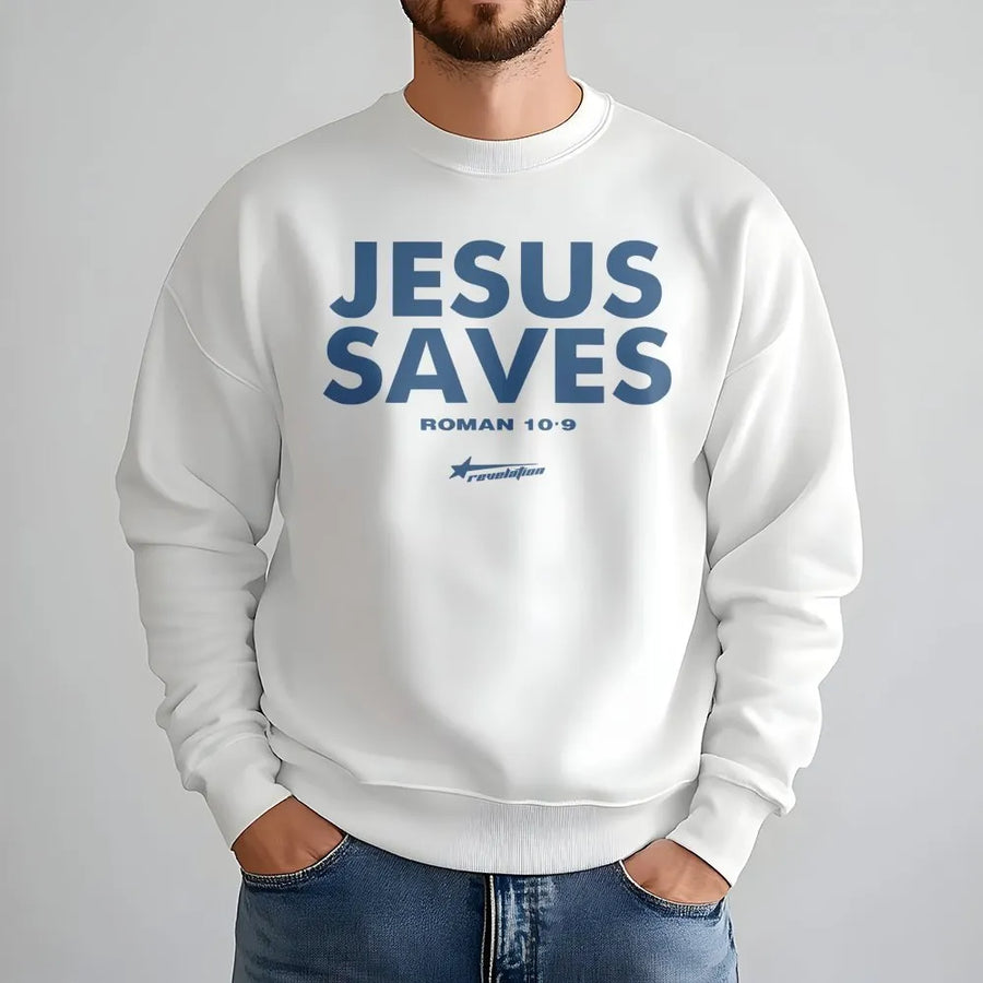 Jesus Saves Sweatshirt | Romans 10:9 Minimalist Christian Quote | Premium Cotton Blend Crewneck | Religious Faith Gift For Men And Women