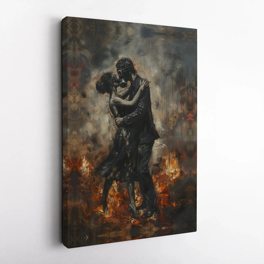 Post-Apocalyptic Couple Canvas | Gas Mask Kissing in Fire Art | Gallery Wrapped Premium Print | Dark Romantic Wall Decor for Home Office