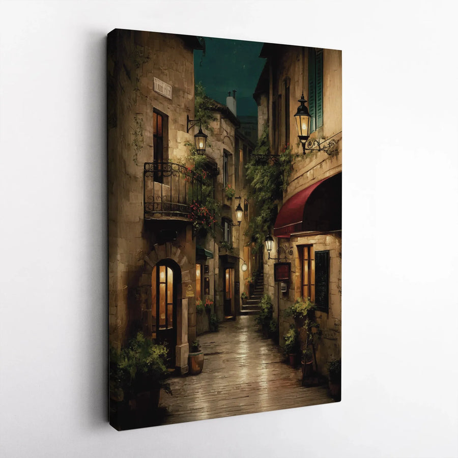 Italian Village Street Canvas Art | Lantern-Lit European Alley Painting | Premium Gallery Wrapped Canvas | Vintage Travel Wall Decor Gift