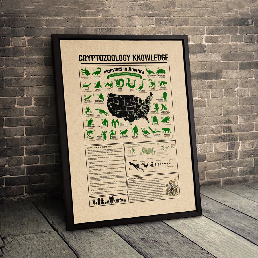 Cryptozoology Map Canvas | Monsters of America USA Cryptid Guide | Premium Gallery Wrapped Art | Unique Folklore Wall Decor Gift