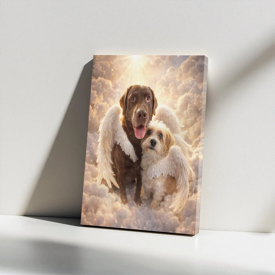 Dog Memorial Canvas Print | Angel Wing Dogs Hugging in Heaven | Premium Fade-Resistant Print | Sympathy Gift for Dog Loss