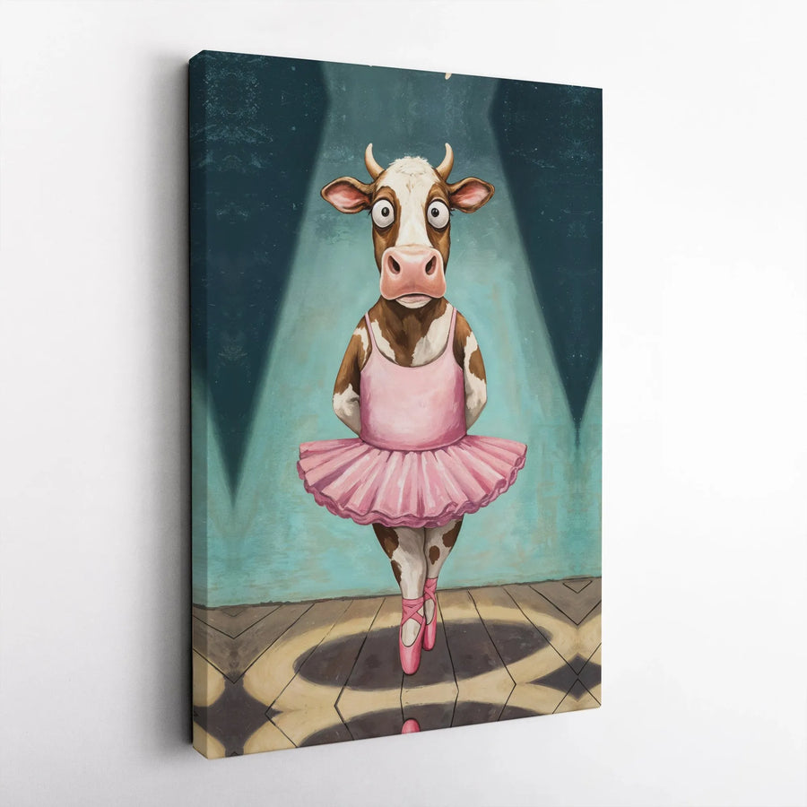 Funny Cow Ballerina Canvas Art | Whimsical Dancing Cow in Pink Tutu | Premium Gallery Wrapped Print | Nursery Decor & Funny Farmhouse Gift