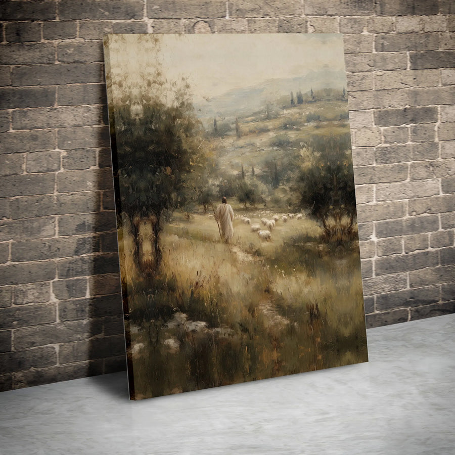 Jesus The Good Shepherd Canvas Art | Vintage Style Pastoral Painting | Premium Gallery Wrap Print | Christian Home Decor Gift
