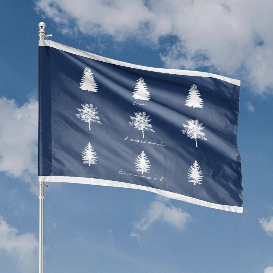 Botanical Tree House Flag | Minimalist Fir Dogwood Tamarack Forest Print | Weather-Resistant Polyester | Outdoor Yard Decor Gift