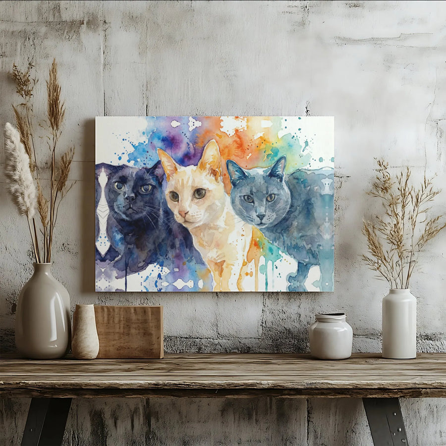 Three Cats Watercolor Canvas Wall Art | Colorful Abstract Pet Portrait | Premium 1.25-Inch Gallery Wrap | Modern Home Decor Gift for Cat Lovers