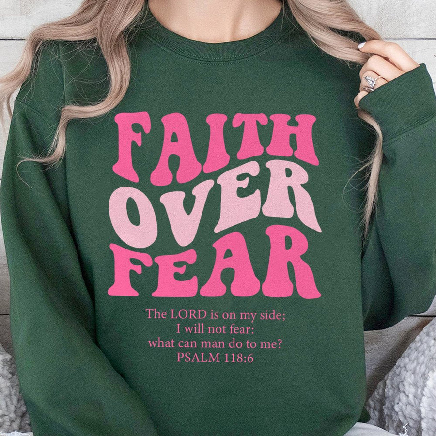 Faith Over Fear Sweatshirt | Retro Wavy Typography Psalm 118:6 Print | Premium Cotton Blend | Christian Religious Gift for Women