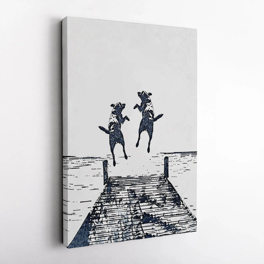 Dog Dock Jumping Wall Art | Black and White Linocut Print | Premium Gallery Wrapped Canvas | Minimalist Pet Lover Home Decor Gift
