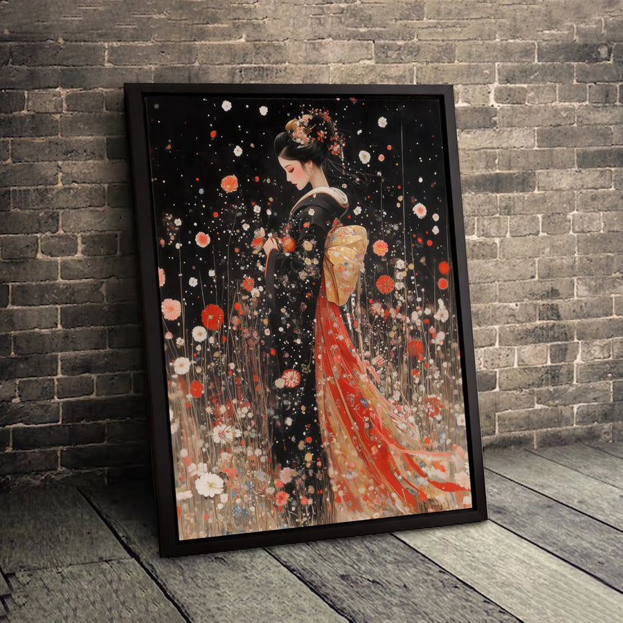 Japanese Geisha Canvas Art | Elegant Floral Kimono Wall Decor | Premium Fade-Resistant Print | Zen Home Office Aesthetic Gift