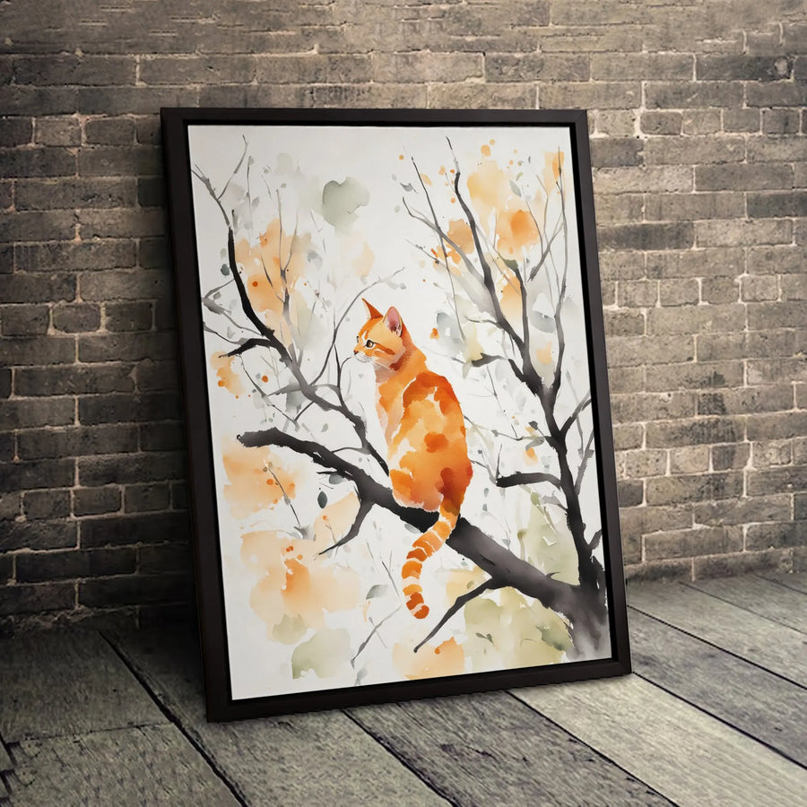 Orange Tabby Cat Wall Art | Watercolor Tree Branch Illustration | Premium Gallery Wrapped Canvas | Charming Animal Home Decor Gift