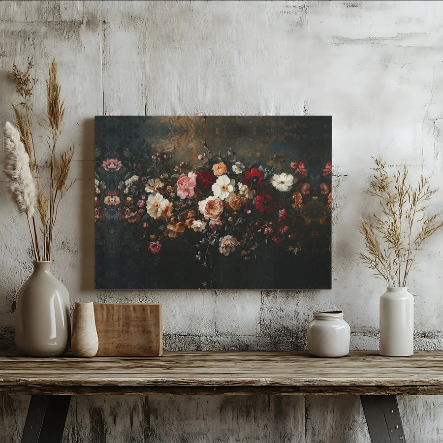 Vintage Dark Floral Wall Art | Moody Still Life Botanical Print | Premium Gallery Wrapped Canvas | Elegant Home Office Decor Gift