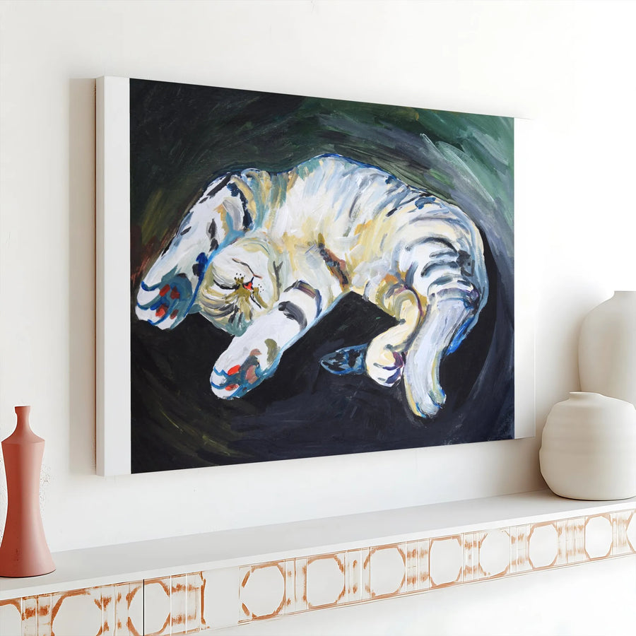 Sleeping White Tiger Canvas Wall Art | Painterly Animal Print Decor | Premium Gallery Wrapped Canvas | Gift for Nursery or Living Room