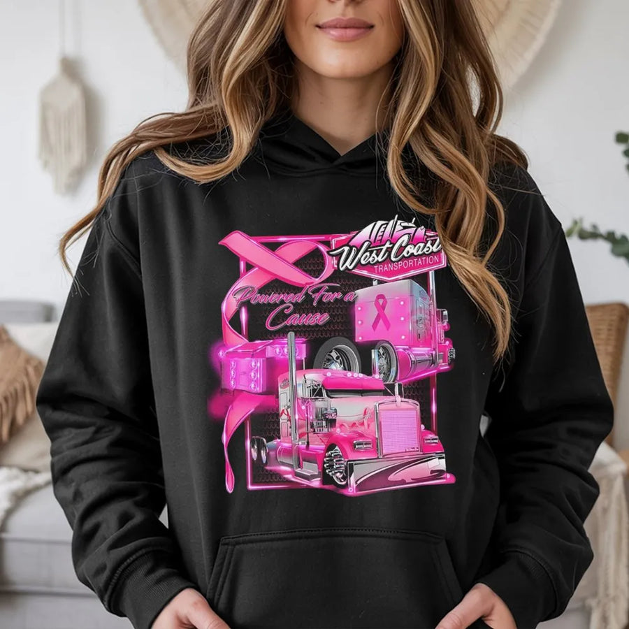 Pink Ribbon Trucker Hoodie | Breast Cancer Awareness Semi Truck Design | Premium Cotton Blend Pullover | Meaningful Gift For Truck Drivers