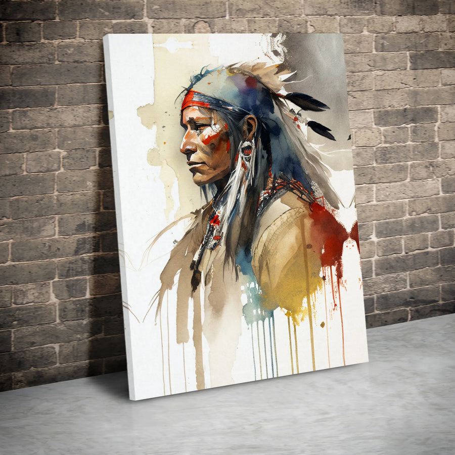 Native American Warrior Wall Art | Watercolor Portrait Canvas Print | 1.25 Inch Gallery Wrap | Southwestern Home Decor Gift for Him