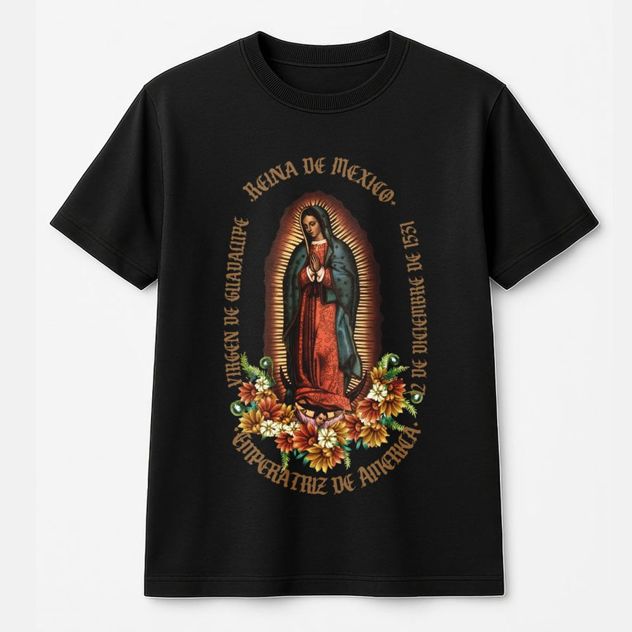 Virgen De Guadalupe T-Shirt | Traditional Religious Mexican Icon Floral Design | Premium Soft Cotton | Catholic Gift For Women And Men