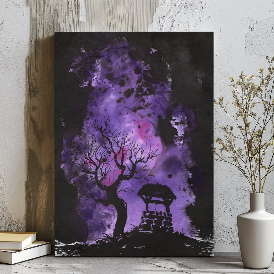Gothic Tree and Wishing Well Canvas Art | Purple Night Sky Watercolor Wall Decor | Premium Gallery Wrap Print | Spooky Halloween Home Gift