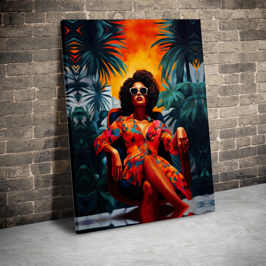 Black Woman Art Print | Afro Aesthetic Tropical Canvas | Premium Gallery Wrapped Decor | Stylish Home Office Wall Art Gift