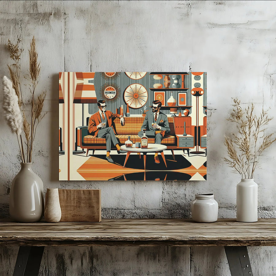 Mid-Century Modern Wall Art | Two Men Drinking Whiskey Retro Design | Premium Gallery Wrapped Canvas | Sophisticated Office Decor Gift