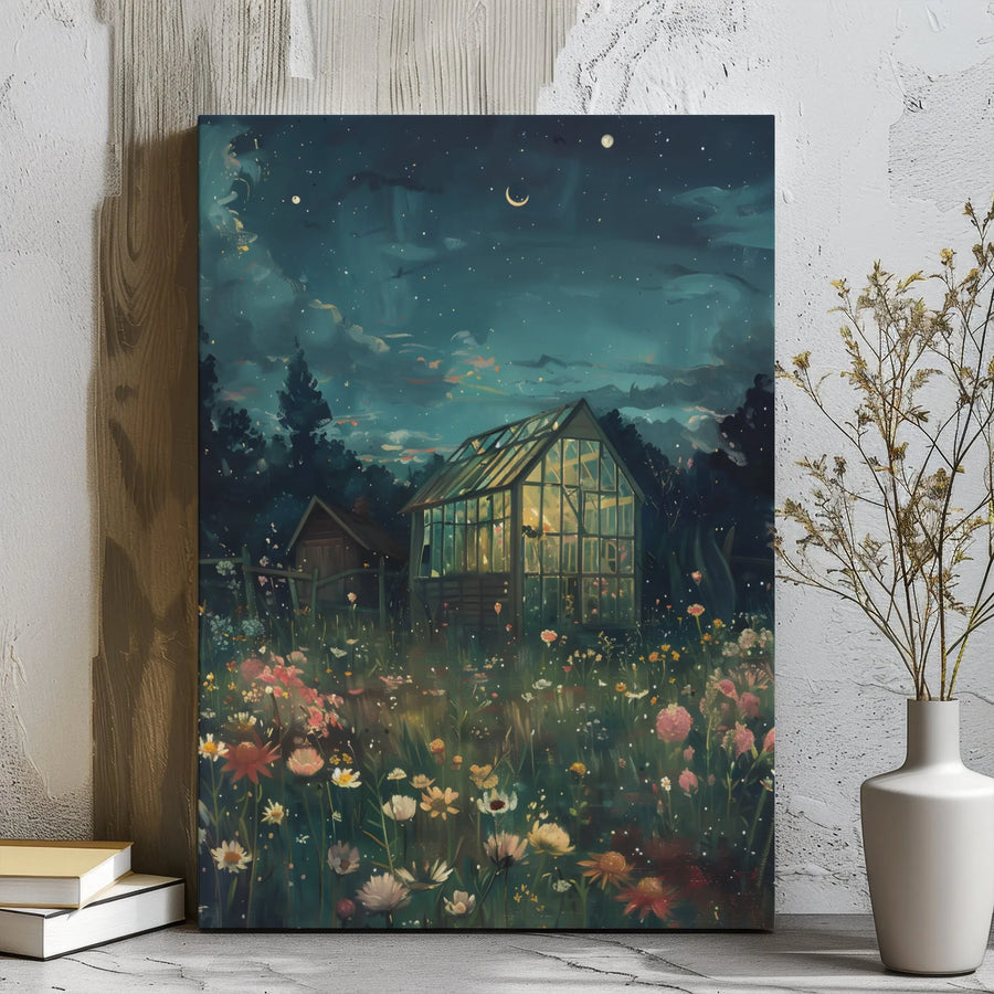Glowing Greenhouse Wall Art | Whimsical Wildflower Garden Nightscape | Premium Gallery Wrap Canvas | Enchanted Home Decor Gift