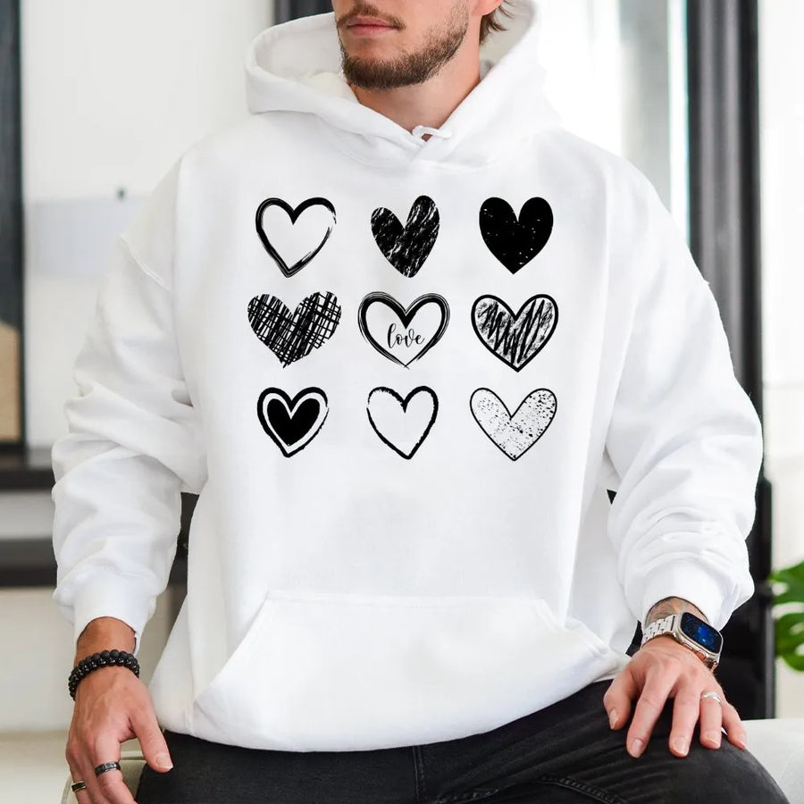 Heart Hoodie | Aesthetic Doodle Hearts Graphic Print | Soft Cotton-Blend Unisex Pullover | Valentine’s Day Gift for Her